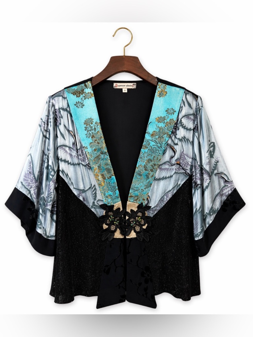 Vtg 90s Spencer Alexis Silk Blend Kimono Style Cropped Top S Floral Cranes FLAWS
